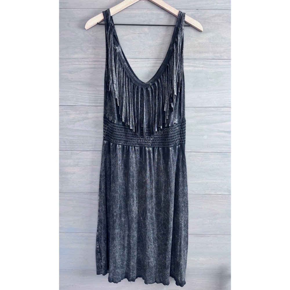 T Party Fashion Fringe Smocked Mineral Wash Boho Festival Dress Charcoal S